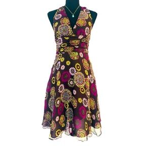 ROBBIE BEE ~ Brown, Yellow and Magenta Halter Dress w/Hints of Sequins size 4P